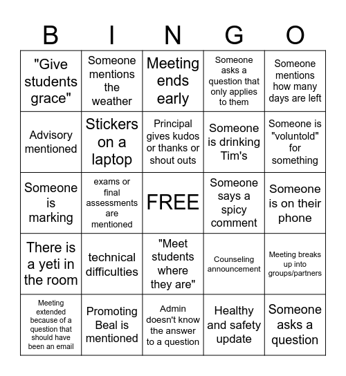 Teacher Staff Meeting Bingo Card