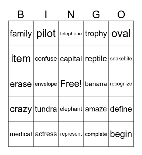 Syllable BINGO Card