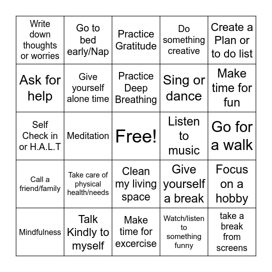 Stress Bingo Card