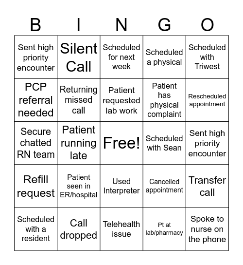 PRIMARY CARE BINGO Card