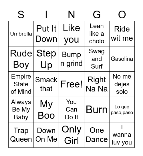 SINGO Bingo Card