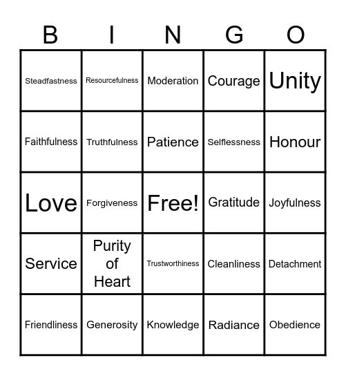 Virtues Bingo! Bingo Card