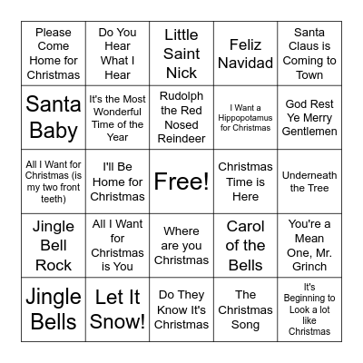 Holiday Song BINGO Card