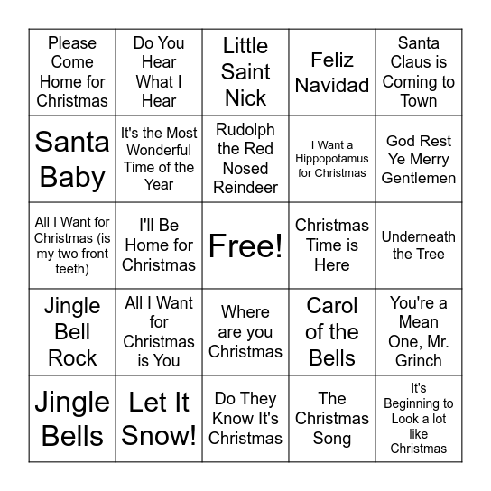 Holiday Song BINGO Card