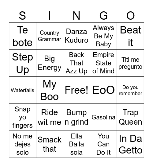 SINGO Bingo Card