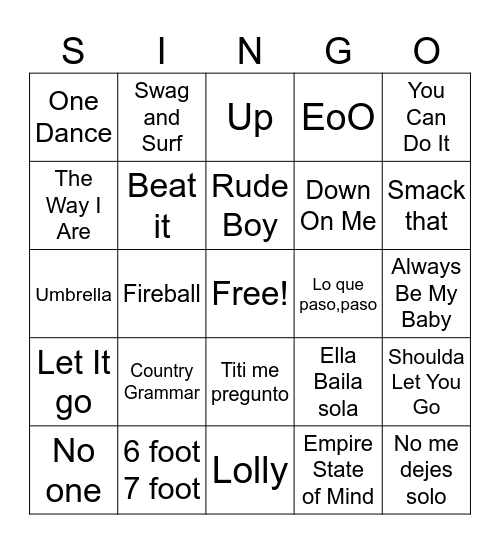 SINGO Bingo Card