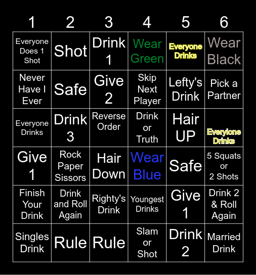 Vangmas Drunk & Dice Bingo Card