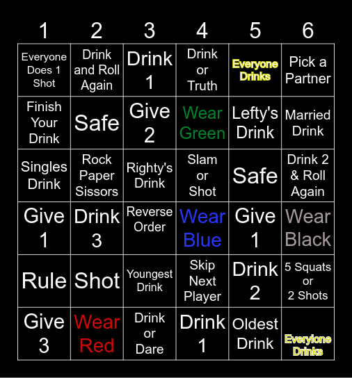 Vangmas Drunk & Dice Bingo Card