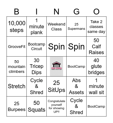 Peak Fitness Garage Bootcamp Bingo Card