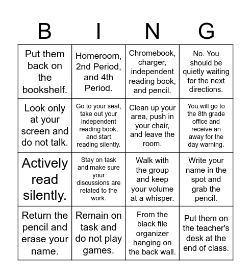 Classroom Routines and Procedures Review Bingo Card