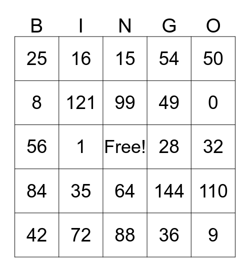 multiplication bingo Card