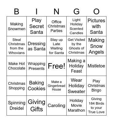 Holiday Activities Bingo Card