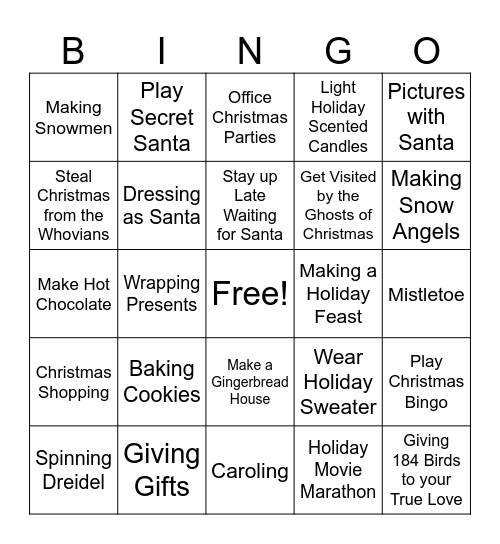 Holiday Activities Bingo Card