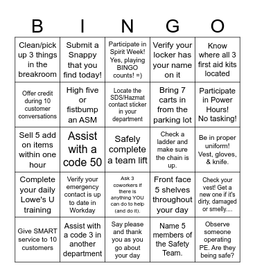 Lowe's Safety Bingo Card