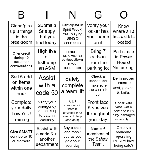 Lowe's Safety Bingo Card