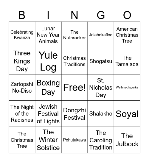 Winter Traditions and Holidays Bingo Card