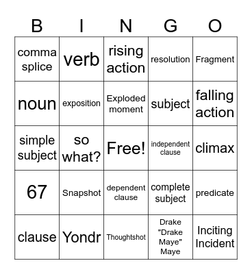 Bingo, But Make It English Bingo Card