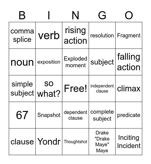 Bingo, But Make It English Bingo Card