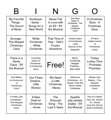 Holiday Musical Bingo Card