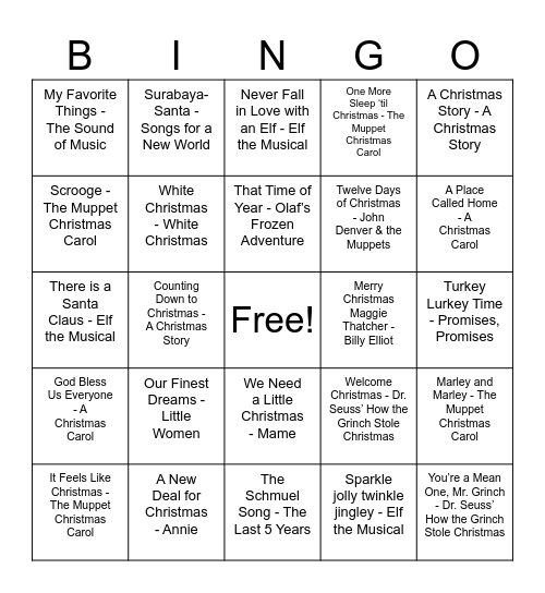 Holiday Musical Bingo Card