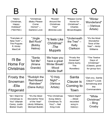 Holiday Music Bingo Card