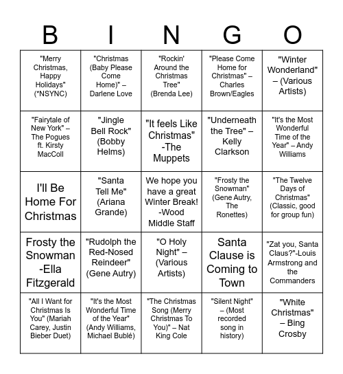 Holiday Music Bingo Card