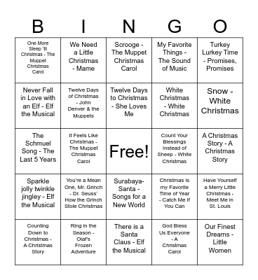 Holiday Musical Bingo Card