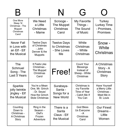 Holiday Musical Bingo Card