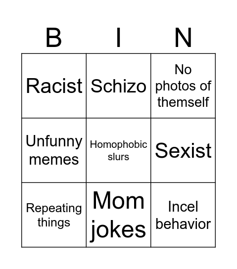Incel bingo Card