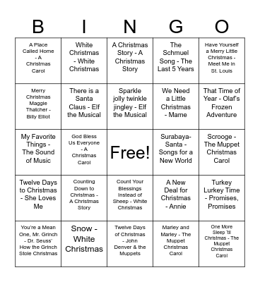 Holiday Musical Bingo Card