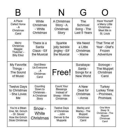 Holiday Musical Bingo Card