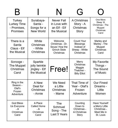 Musical Holiday Bingo Card