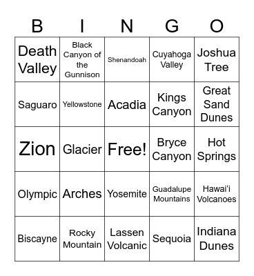 National Parks Bingo Card