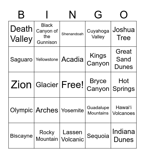 National Parks Bingo Card