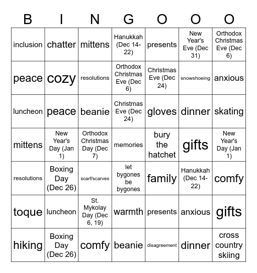 Winter Season Bingo Card