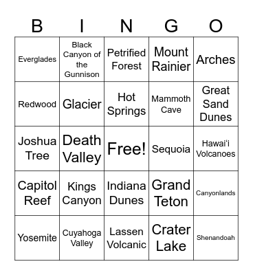 National Parks Bingo Card