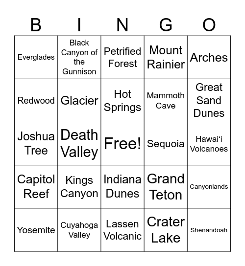 National Parks Bingo Card