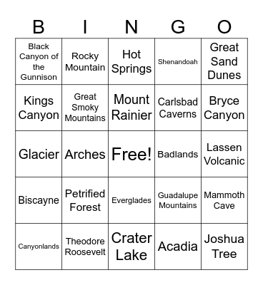 National Parks Bingo Card