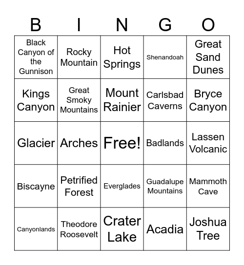 National Parks Bingo Card