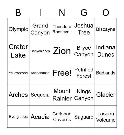 National Parks Bingo Card