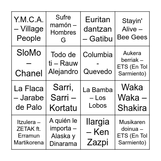 Bingo musikatua Bingo Card