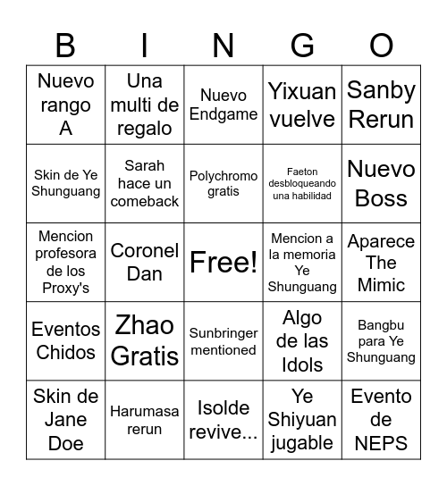 ZZZ 2.5 Livestream Bingo Card