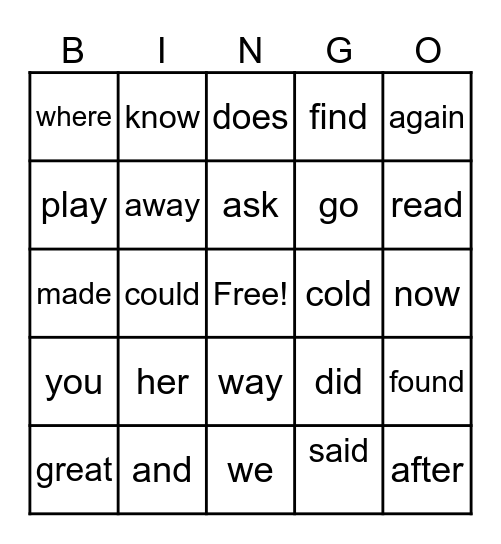 Sight Word Bingo Card