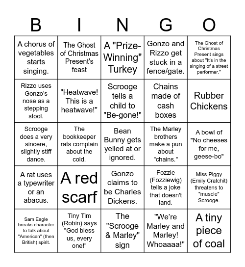 The Muppets Christmas Carol 2025 Bingo Card