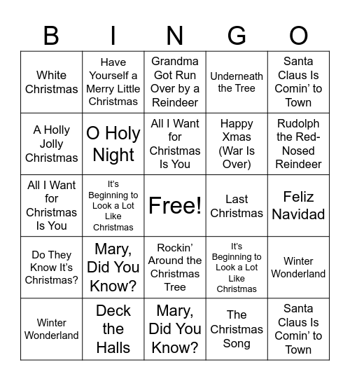 Christmas Song Bingo Card