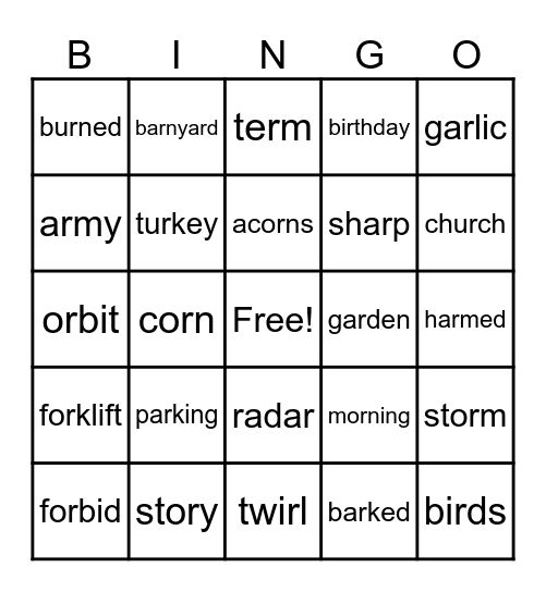 R- Controlled Words Bingo Card