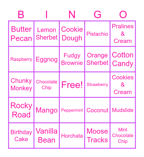 Ice Cream Bingo Card