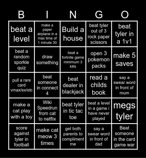 challanges for the night Bingo Card