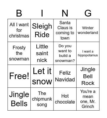 Holiday Song Bingo Card