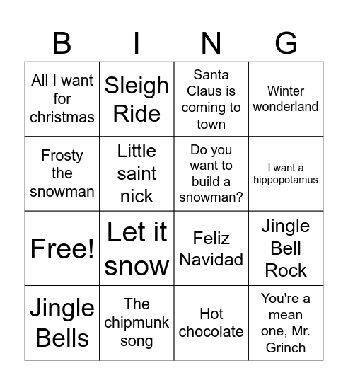 Holiday Song Bingo Card